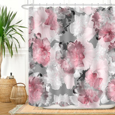 Pink Grey Flower Shower Curtain Watercolor Peony Floral Blooming Greyish Backgro — custom printed polyester bath curtain