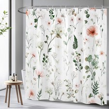 Summer Green Eucalyptus Leaf Pink Floral Shower Curtain Set for Bathroom Decor — custom printed polyester bath curtain