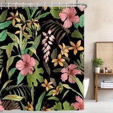Black Floral Print Shower Curtain for Bathroom, Waterproof Boho Fabric Bathro... — custom printed polyester bath curtain