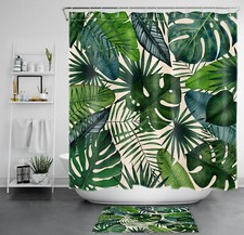 Botanical Tropical Green Leaf on Beige Shower Curtain Bathroom Accessories Set — custom printed polyester bath curtain