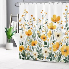 Green Leaf Yellow Wildflower Rustic Floral Shower Curtain Set for Bathroom Decor — custom printed polyester bath curtain