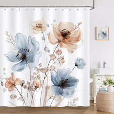 Watercolor Floral Shower Curtain, Blue Tan Flower Modern Minimalist Bathroom Dec — custom printed polyester bath curtain