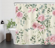 Green Leaf Pink Rose Floral on Beige Shower Curtain Bathroom Accessories Set — custom printed polyester bath curtain