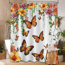 Orange Butterfly Shower Curtain, 72X72 In, Monarch Floral — custom printed polyester bath curtain