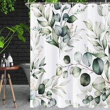 Watercolor Leaf Eucalyptus Fabric Shower Curtain Waterproof Green 72x72 — custom printed polyester bath curtain