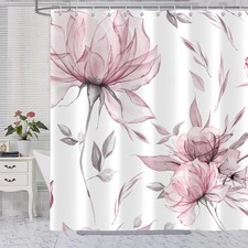 Pink Grey Watercolor Floral Shower Curtain Minimalist Decor 72x78 Inch Hooks — custom printed polyester bath curtain