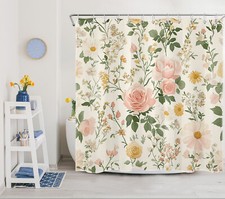 Green Leaf Yellow Daisy Flower Pink Floral Shower Curtain Set for Bathroom Decor — custom printed polyester bath curtain