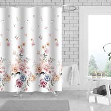 Adell Floral 13 Piece Canvas Shower Curtain with Hooks, White, 70x72 Inches — custom printed polyester bath curtain