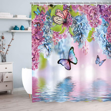 Butterfly Shower Curtains with Hooks, Floral Shower Curtain, Blue Butterfly Show — custom printed polyester bath curtain
