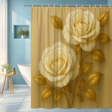 Elegant Floral Shower Curtain with Roses in Gold and Cream — custom printed polyester bath curtain