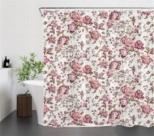 Farmhouse Plant Green Leaf Pink Floral Shower Curtain Set for Bathroom Decor — custom printed polyester bath curtain