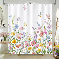Spring Floral Shower Curtain, Colorful Watercolor Wildflower Leaves Butterfly Sh — custom printed polyester bath curtain