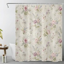Chic Vintage Green Leaves Pink Floral Shower Curtain Set for Bathroom Decor — custom printed polyester bath curtain