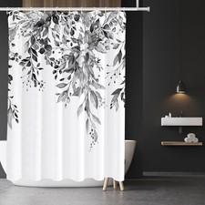 Black Eucalyptus Shower Curtain Set Watercolor Grey Leaves Floral 60x72 Inch — custom printed polyester bath curtain