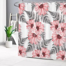 Tropical Plant Grey Leaf Pink Daisy Flower Shower Curtain Set for Bathroom Decor — custom printed polyester bath curtain