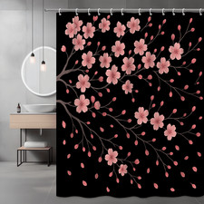 Pink Floral Shower Curtain on Black Background - Elegant Design — custom printed polyester bath curtain
