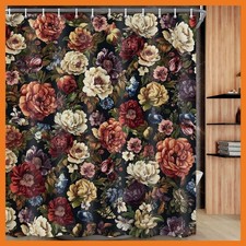 Drgilau Floral Shower Curtain 69X78" with 12 Hooks - Red Flower Plants/Black — custom printed polyester bath curtain