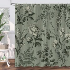 Sage Green Floral Shower Curtain, Vintage Boho Flower Botanical Pattern Showe... — custom printed polyester bath curtain