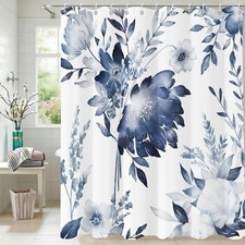 Watercolor Navy Blue Ink Floral Plant Leaf Shower Curtain 72x72 Inch — custom printed polyester bath curtain