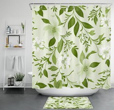 Sage Green Botanical Leaf White Wildflower Shower Curtain Set for Bathroom Decor — custom printed polyester bath curtain