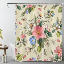 Green Leaf Pink and Blue Wildflower Beige Shower Curtain Set for Bathroom Decor — custom printed polyester bath curtain