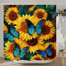 Sunflower Butterfly Waterproof Shower Curtain Bathroom Multiple Size — custom printed polyester bath curtain