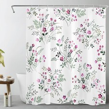 Green Botanical Leaf Pink Wildflower Black Shower Curtain Set for Bathroom Decor — custom printed polyester bath curtain