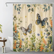 Butterfly Green Leaf Blue Floral on Beige Shower Curtain Set for Bathroom Decor — custom printed polyester bath curtain