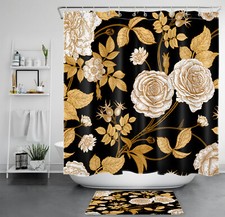 Vintage Boho Black Gold Leaf and Floral Shower Curtain Bathroom Accessories Set — custom printed polyester bath curtain