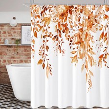 72x72 Inch Orange Eucalyptus Watercolor Floral Print Shower Curtain — custom printed polyester bath curtain
