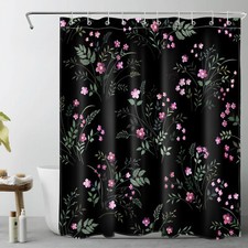 Summer Rustic Plant Pink Wildflower Black Shower Curtain Set for Bathroom Decor — custom printed polyester bath curtain