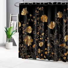 Vintage Plant Leaf Gold Flower on Black Shower Curtain Set for Bathroom Decor — custom printed polyester bath curtain