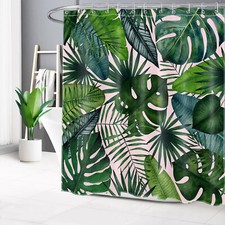 Nature Botanical Tropical Leaf on Pink Shower Curtain Bathroom Accessories Set — custom printed polyester bath curtain