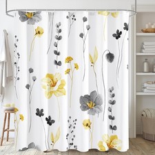 Yellow Grey Watercolor Floral Waterproof Fabric Shower Curtain Set 72x72 In — custom printed polyester bath curtain
