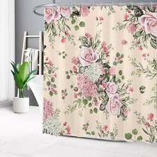 Beige Farmhouse Green Leaf Pink Floral Shower Curtain Set for Bathroom Decor — custom printed polyester bath curtain