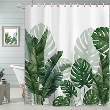 Extra Long Tropical Green Leaf Shower Curtain Waterproof Washable Fabric Summer — custom printed polyester bath curtain