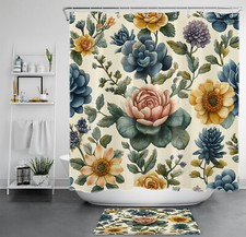 Vintage Floral and Succulent on Beige Shower Curtain Bathroom Accessories Set — custom printed polyester bath curtain