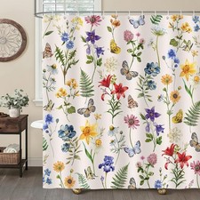 Boho Floral Leaves Shower Curtain Vintage Wildflower Fern Leaf Butterfly Spring — custom printed polyester bath curtain