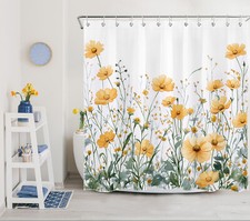 Summer Green Leaves Yellow Daisy Flower Shower Curtain Set for Bathroom Decor — custom printed polyester bath curtain