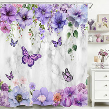 Purple Butterfly Floral Shower Curtain Flower Green Leaf on Grey and White Marbl — custom printed polyester bath curtain