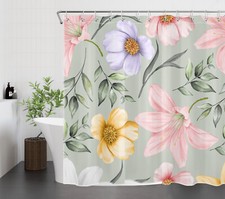 Spring Plant Sage Green Leaf Pink Floral Shower Curtain Set for Bathroom Decor — custom printed polyester bath curtain