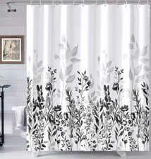 Black And White Floral Watercolor Shower Curtain 72x72 With Hooks Bathroom — custom printed polyester bath curtain
