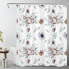 Rustic Plant Green Leaf White Floral Shower Curtain Bathroom Accessories Set — custom printed polyester bath curtain