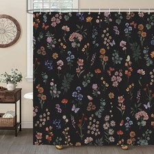 Black Floral Shower Curtain, Boho Flower Leaves Vintage Rustic Farmhouse Show... — custom printed polyester bath curtain