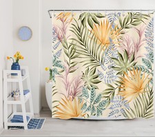 Pink and Green Tropical Plant Leaf Beige Shower Curtain Set for Bathroom Decor — custom printed polyester bath curtain