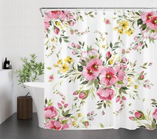 Retro Farmhouse Green Leaf Pink Floral Shower Curtain Set for Bathroom Decor — custom printed polyester bath curtain