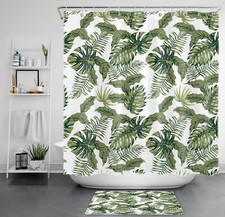 Summer Tropical Green Palm Leaf Botanical Shower Curtain Set for Bathroom Decor — custom printed polyester bath curtain