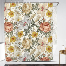 Yellow Floral Shower Curtain Extra Wide Large Long Clawfoot Tub Wrap around Flow — custom printed polyester bath curtain