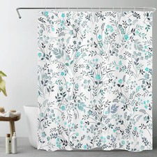 Watercolor Plant Leaf Teal Blue Wildflower Shower Curtain Set for Bathroom Decor — custom printed polyester bath curtain