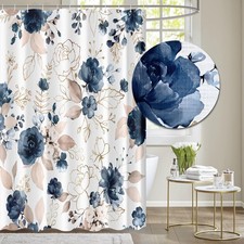 Faux Linen Fabric Shower Curtain 71x71 Inch Navy Blue Floral Bathroom 1 PCS — custom printed polyester bath curtain